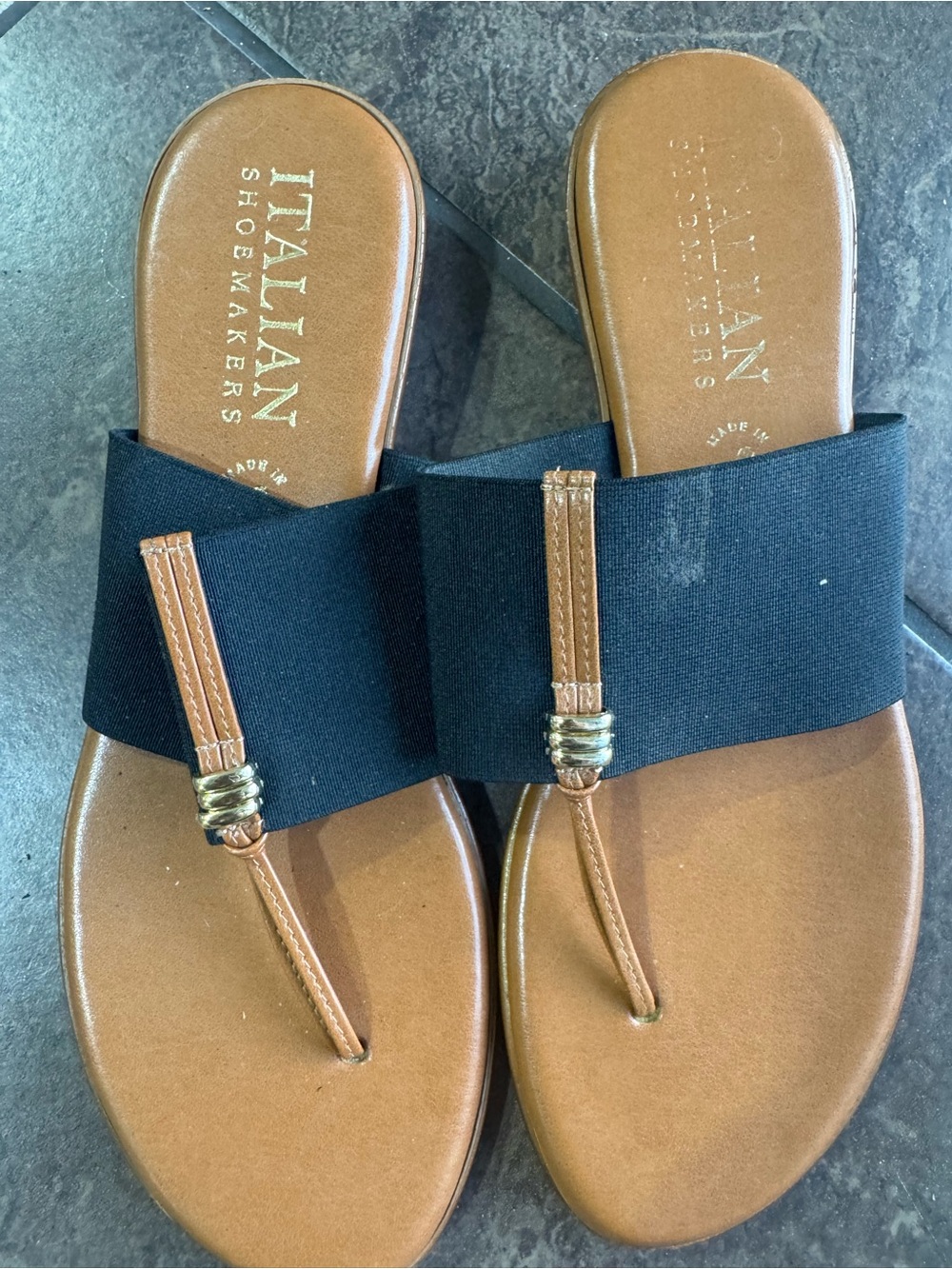 Italian Shoemakers Black and Brown Elastic Thong Sandals with Gold Accent